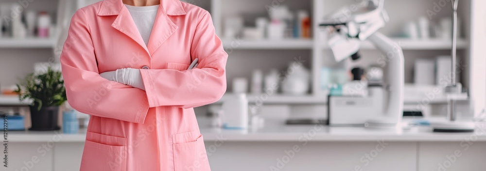 Aufkleber a person in a pink lab coat stands confidently in a laboratory setting.