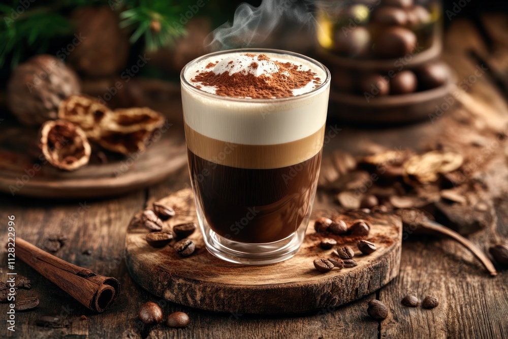 Poster a beautifully layered coffee drink with cream and cocoa on a rustic wooden table.