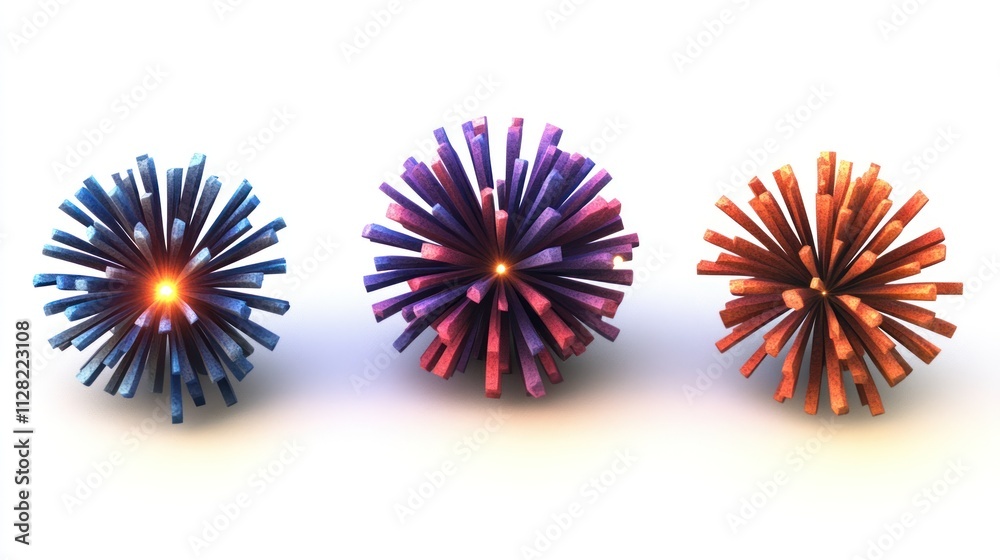 Poster three colorful spherical structures with protruding spikes, showcasing vibrant gradients.