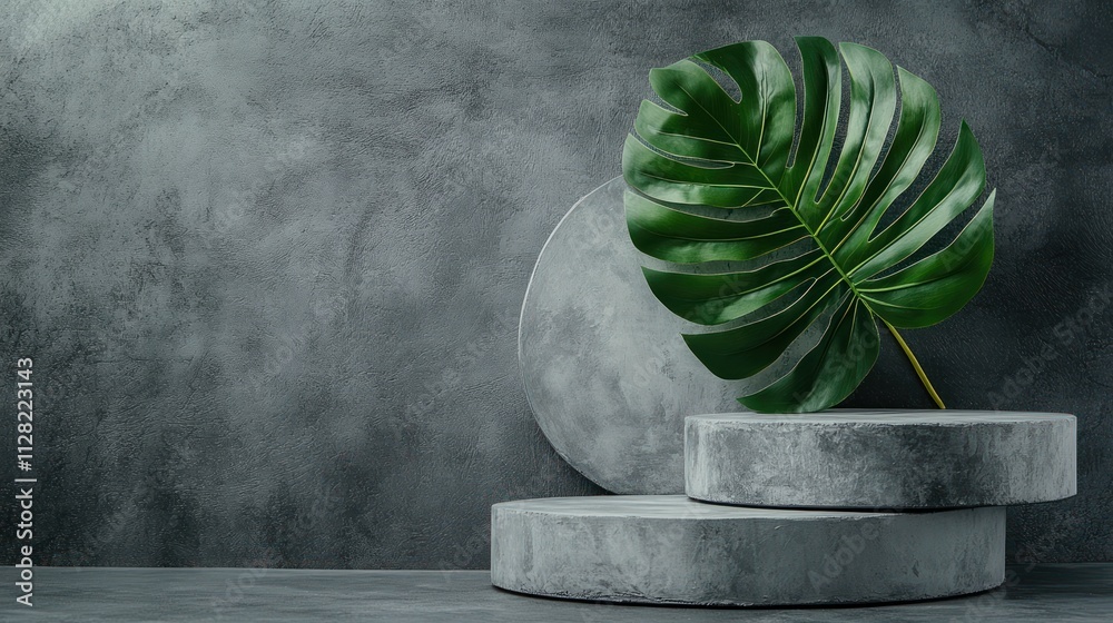 Poster A minimalist composition featuring concrete shapes and a large green leaf against a gray backdrop.