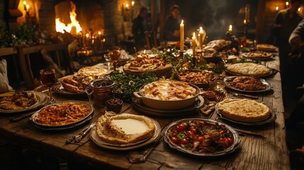 Fototapeta premium A Medieval Feast Abundant With Food And Candles
