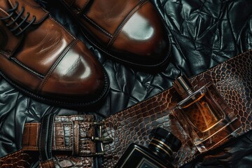 luxury men`s perfume in bottle against brown background