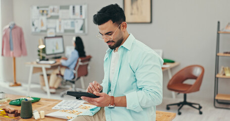Man, tablet and thinking for small business, ecommerce and fashion boutique startup with online sales. Designer, technology and digital website for internet store, retail service and quality control
