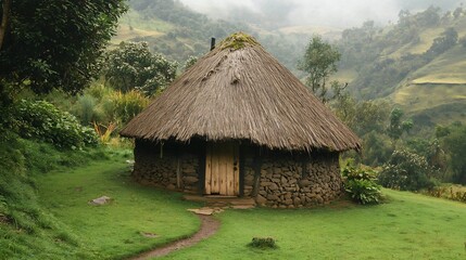 Rustic Hut in Lush Green Mountainous Countryside Landscape