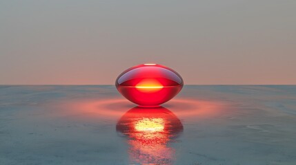 A bright red ellipsoid reflecting light against a muted surface below