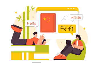Chinese Language Vector Illustration. Ni hao Translation for Hello, Featuring a School Listening, Reading, and Speaking Course in a Communication