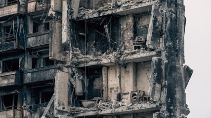 destroyed and burned houses in the city in Ukraine