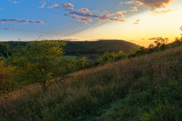 Naturschutzgebiet Haarberg zwischen den Weinorten Euerdorf und Wirmsthal im Abendlicht, Landkreis Bad Kissingen, Franken, Unterfranken, Bayern, Deutschland