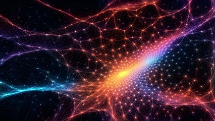 Obraz premium A vibrant abstract representation of interconnected nodes and pathways in a digital space.