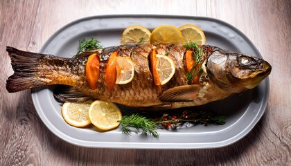 Whole baked fish, traditionally carp, stuffed with onions and carrots, served with lemon slices and fresh herbs