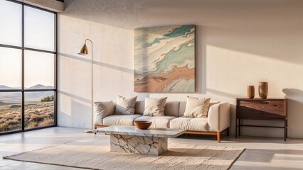 Fototapeta premium Generative AI, Minimalist living room with arched windows, natural tones, and travertine coffee table