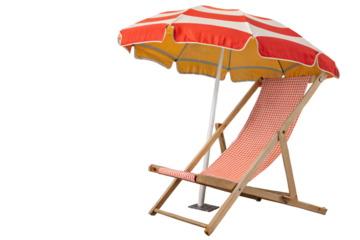 A folding red-and-white striped umbrella over a matching checkered fabric deck chair, evoking a cheerful and classic beachside vibe, set against a transparent background