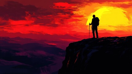 Fototapeta premium A silhouette of a hiker against a vibrant sunset, symbolizing adventure and exploration.