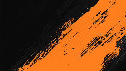 Abstract orange color grunge paint splash and halftone on dark background.