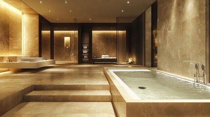 Luxurious spa bathroom with marble walls and a large soaking tub. Perfect for websites or articles about high-end design, relaxation, and wellness.