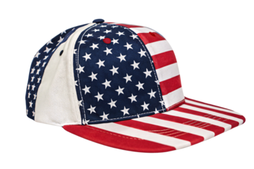 An American flag-themed baseball cap with detailed stitching and bold red, white, and blue patterns across the crown and visor, set against a transparent background