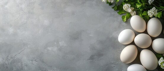 White eggs arranged on a grey textured surface with green plants.