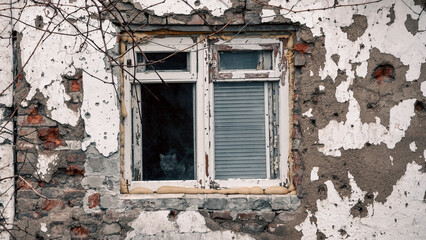 destroyed and burned houses in the city in Ukraine