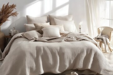 Obraz premium Beige waffle-textured quilt on a bed, with various pillows. Ideal for showcasing bedding, home decor, and relaxation.