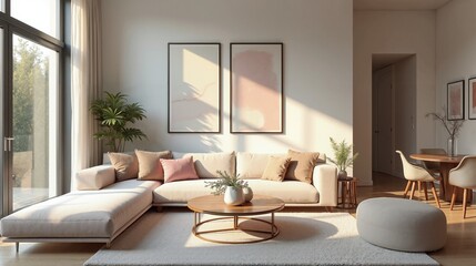 Fototapeta premium Sun-filled modern living room with neutral tones, tranquil ambiance
