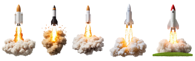 PNG set of rocket launches with fire and smoke effects