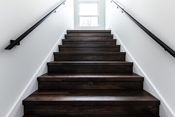 Modern, geometric staircase with wooden steps, metal frame, and open risers.