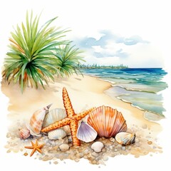 A serene beach scene featuring seashells, a starfish, and coastal vegetation, evoking a peaceful seaside atmosphere.