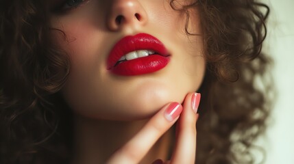 Fototapeta premium Pretty woman With curly hair holds a hand near the face of red lips fashion style, 8k Resolution