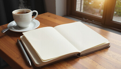 Open White Notebook with Blank Page on a Minimalist Wooden Desk, Accompanied by a Cup of Coffee and Pen. Soft Morning Light Creates a Warm and Inviting Atmosphere