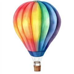 Fototapeta premium A colorful hot air balloon soaring against a white background, showcasing vibrant shades of red, orange, yellow, green, blue, and purple.
