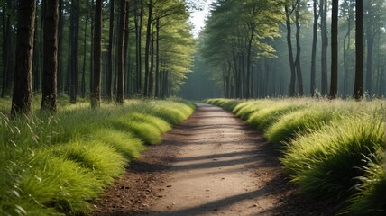 Fototapeta premium a dirt path through a forest filled with tall trees
