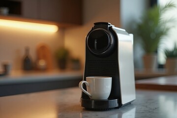 Sleek coffee machine with cup in modern kitchen, convenience