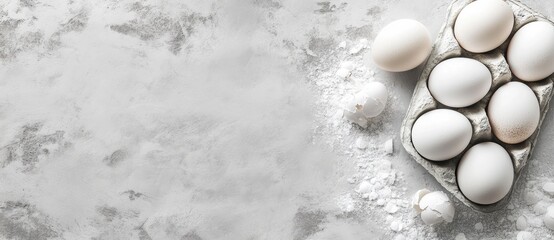 White eggs in carton with flour on grey background.