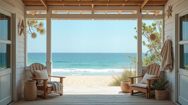 Serene beach house porch overlooking turquoise ocean, relaxation - Powered by Adobe