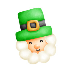 Watercolor painting of cheerful Saint Patrick dressed in a green outfit with a buckled hat and boots, radiating charm and magic.