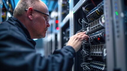 Experienced network engineer carefully connecting cables in a modern server room, ensuring seamless data flow and optimal network performance