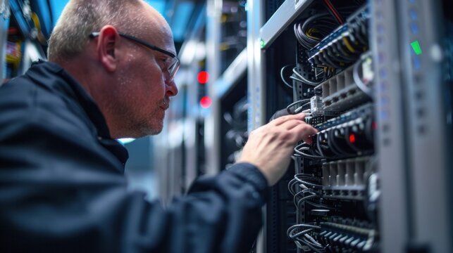 Experienced network engineer carefully connecting cables in a modern server room, ensuring seamless data flow and optimal network performance - Powered by Adobe