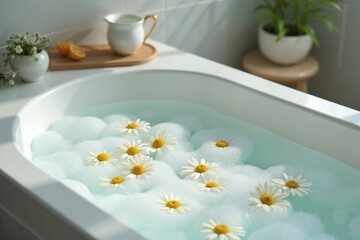 Relaxing daisy bath with bubbles, spa-like serenity