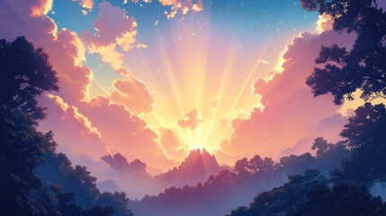 Fototapeta premium A serene landscape featuring a vibrant sunrise behind mountains and lush trees.