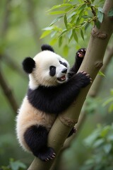 Obraz premium Playful panda cub climbing tree in lush forest, wildlife conservation