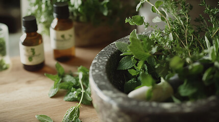 Fresh herbs in stone mortar with essential oils nearby, perfect for cooking