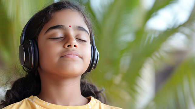 Indian girl with closed eyes listening to music through modern headphones