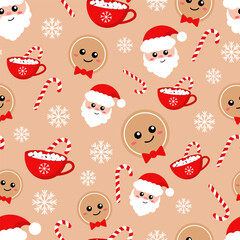 Vector pattern with gingerbread man, candy cane, Santa Claus and candy cane on beige background