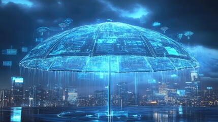 Fototapeta premium A futuristic, glowing umbrella structure in a high-tech cityscape with digital elements.