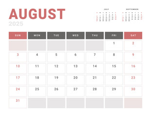 Monthly page Calendar Planner Template of August 2025. Vector layout of calendar with week start Monday for Scheduling. Page for size A4 or 21x29.7 cm