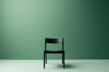 A minimalist black chair sits in the center of an empty room with green walls, creating a striking contrast that highlights its simplicity and elegance.