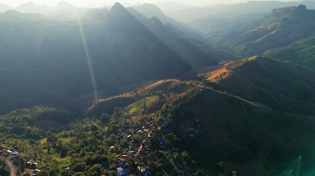 aerial view at sunset of Ban Jabo a Black Lahu village in Mae Hong Son Thailand near Pai 