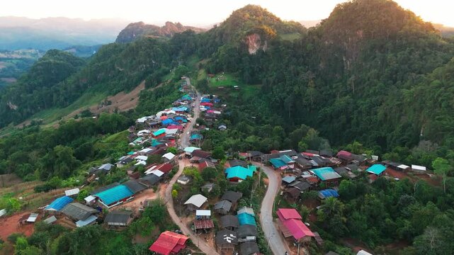 aerial view at sunset of Ban Jabo a Black Lahu village in Mae Hong Son Thailand near Pai 
