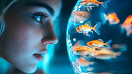 Naklejka premium Young woman with blonde hair leaning near aquarium glass, entranced by colorful cichlids swimming, luminous reflections, intricate detail on fish scales, serene atmosphere