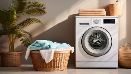 Laundry Day: Washing Machine and Basket Filled with Fresh Towels"